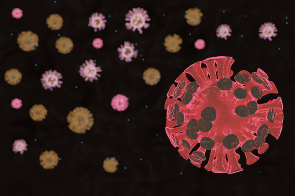 3D απεικόνιση απόδοση Coronavirus COVID-19 έννοια κινδύνου σε μαύρο φόντο - Φωτογραφία, εικόνα