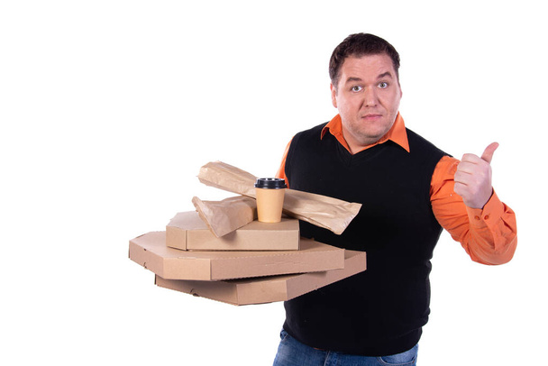 Komik şişman adam ve pizza kutuları.. - Fotoğraf, Görsel