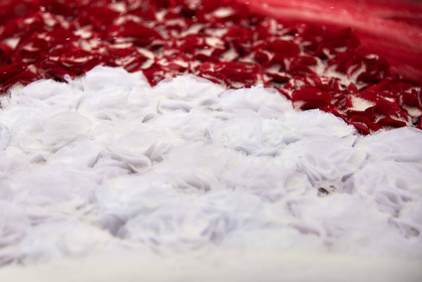 Witte en rode stof rozen in de sneeuw, een element van bruiloft decoratie. - Foto, afbeelding