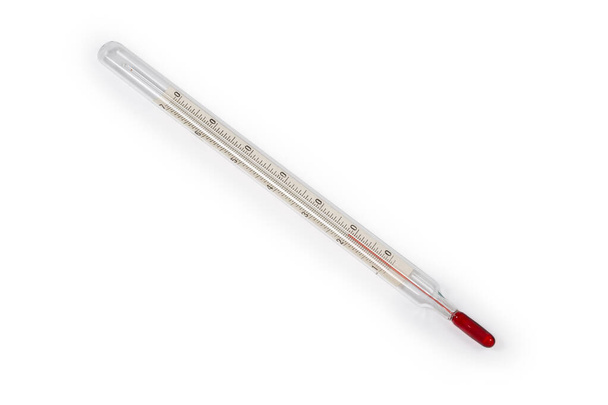 Laboratoryjny termometr alkoholowy z jednostkami Celsjusza na białym tle - Zdjęcie, obraz