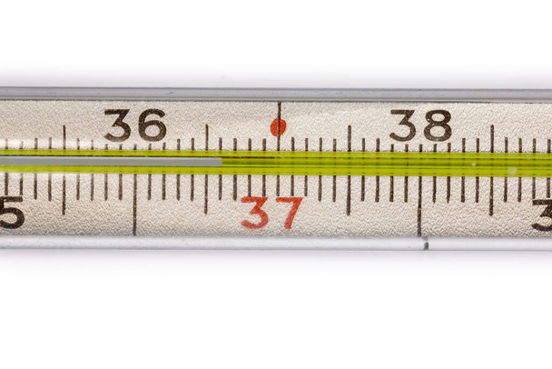 Fragmento de una escala de termómetro de mercurio médico que muestra la temperatura normal del cuerpo humano, vista superior de cerca sobre un fondo blanco - Foto, imagen