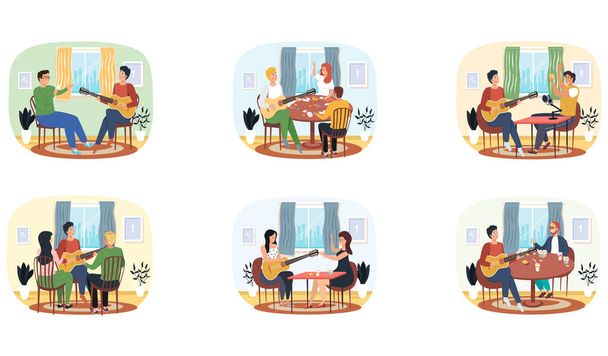 Set of illustrations about people play board games, record tracks, have fun and make music on guitar - Vector, Image