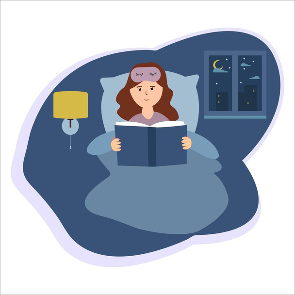 夜の読書。寝る前に本を読んでいる女の子。女性は枕の上に寝そべって毛布で覆われている。ベクターイラスト - ベクター画像