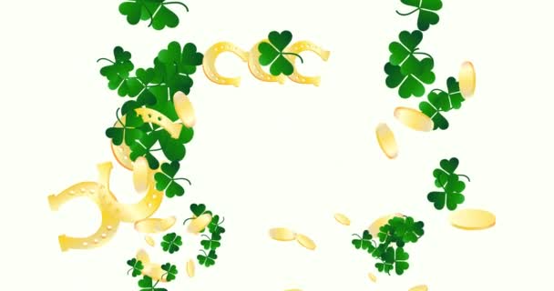 St. Patrick 's Day feestelijke animatie met klaver, gouden munten en hoefijzers. Klaver met vier bladeren en drie bladeren. Horizontale samenstelling, 4k videokwaliteit - Video
