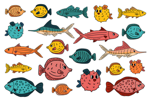Conjunto de contorno de diferentes lindo vector de dibujos animados peces submarinos, espiga, platija, atún, burrfish océano, marlin de mar. Doodle animales aislados. Ilustración sobre fondo blanco para libros o grabados infantiles - Vector, imagen