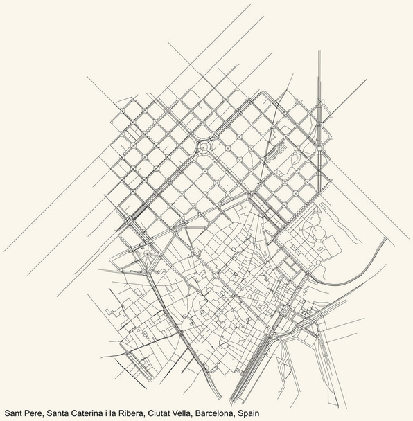 Black simple detailed street roads map on vintage beige background of the Sant Pere, Santa Caterina i la Ribera neighbourhood of the Ciutat Vella district of Barcelona, Spain - Vector, Image