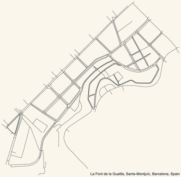Hoja de ruta detallada sencilla en negro sobre fondo beige vintage del barrio de La Font de la Guatlla del barrio de Sants-Montjuc de Barcelona, España - Vector, Imagen