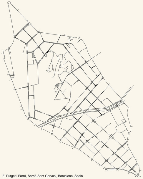 Hoja de ruta detallada sencilla en negro sobre fondo beige vintage del barrio El Putget i Farr del barrio de Sarri-Sant Gervasi de Barcelona, España - Vector, Imagen