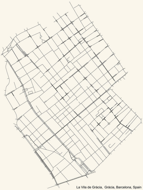 Černá jednoduchá podrobná mapa ulic na vinobraní béžového pozadí čtvrti Vila de Grcia v Barceloně, Španělsko - Vektor, obrázek