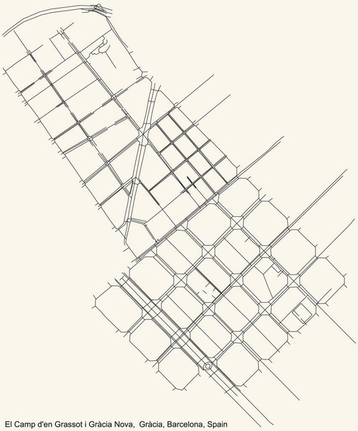 Black simple detailed street roads map on vintage beige background of the El Camp d 'en Grassot i Grcia Nova neighbourhood of the Grcia district of Barcelona, Spain - Вектор,изображение