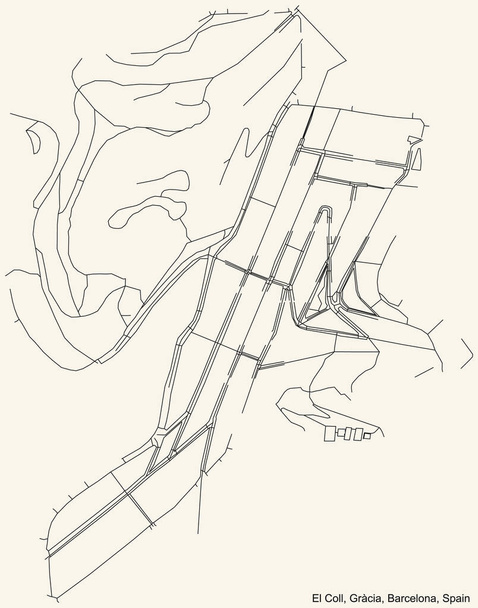 Черная простая подробная карта улиц на винтажном бежевом фоне района El Coll в районе Grcia в Барселоне, Испания - Вектор,изображение