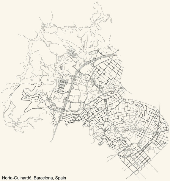 Czarna prosta szczegółowa mapa ulic na beżowym tle dzielnicy Horta-Guinard w Barcelonie, Hiszpania - Wektor, obraz