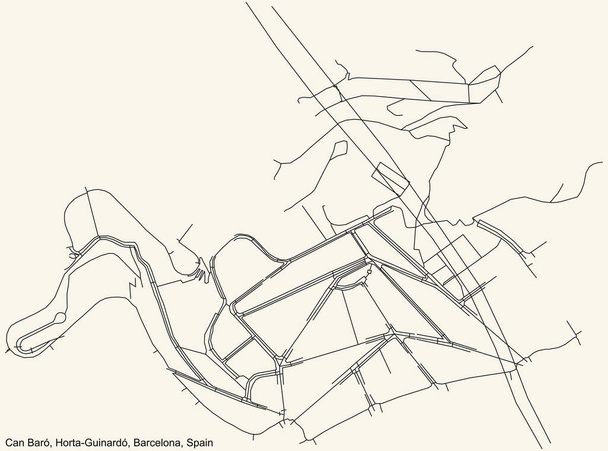 Черная простая детальная карта дорог на старинном бежевом фоне района Can Bar района Horta-Guinard в Барселоне, Испания - Вектор,изображение