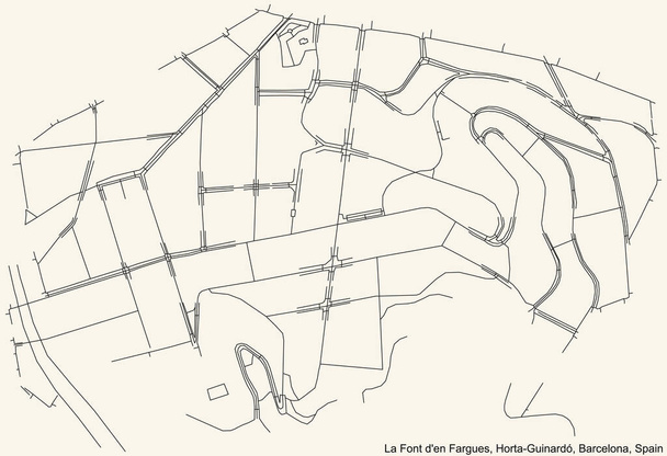 Hoja de ruta sencilla y detallada en negro sobre fondo beige vintage del barrio de La Font d 'en Fargues del barrio Horta-Guinard de Barcelona, España - Vector, Imagen