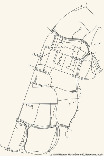 Preto simples mapa detalhado de estradas de rua no fundo bege vintage do bairro La Vall d 'Hebron do bairro Horta-Guinard de Barcelona, Espanha - Vetor, Imagem