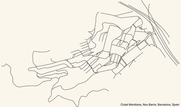 Mappa dettagliata delle strade nere su sfondo beige vintage del quartiere Ciutat Meridiana del quartiere Nou Barris di Barcellona, Spagna - Vettoriali, immagini