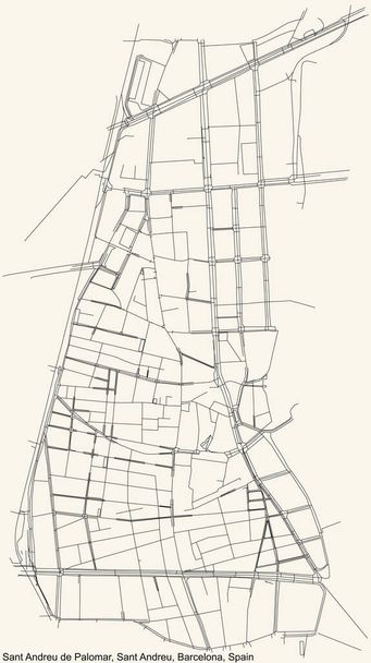 Hoja de ruta detallada sencilla en negro sobre fondo beige vintage del barrio de Sant Andreu de Palomar del barrio de Sant Andreu de Barcelona, España - Vector, Imagen