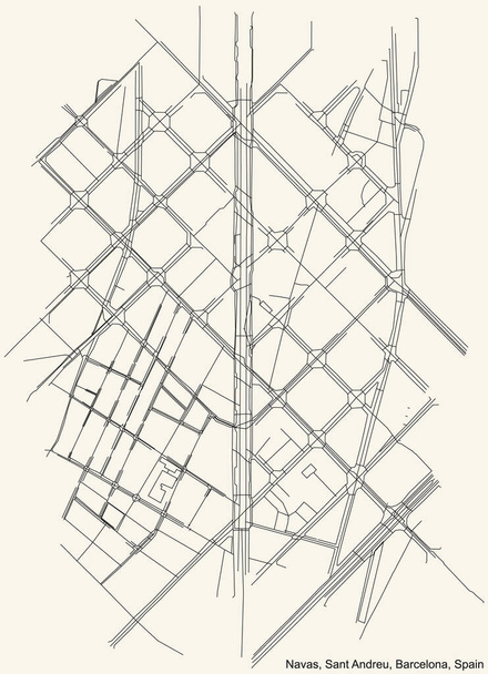 Preto simples mapa detalhado de estradas de rua no fundo bege vintage do bairro de Navas, no distrito de Sant Andreu, em Barcelona, Espanha - Vetor, Imagem