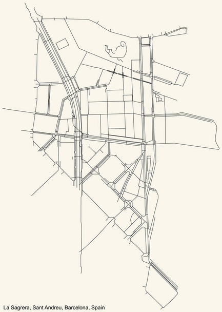 Hoja de ruta sencilla y detallada en negro sobre fondo beige vintage del barrio de La Sagrera del barrio de Sant Andreu de Barcelona, España - Vector, imagen