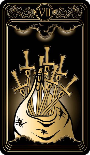   7本の剣。マイナーarcana黒と金のタロットカードのカード。タロットデッキ。オカルト、神秘的で密教のシンボルとベクトル手描きイラスト. - ベクター画像