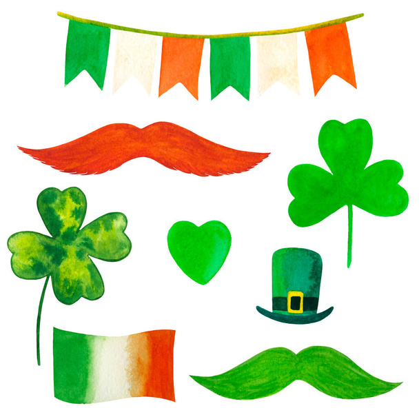 Acuarela dibujada a mano con símbolos tradicionales para el Día de San Patricio: bandera de Irlanda, banderas, trébol, corazón, sombrero, bigote. Cada uno está separado. Perfecto para tarjetas de felicitación, invitaciones, banner - Foto, imagen
