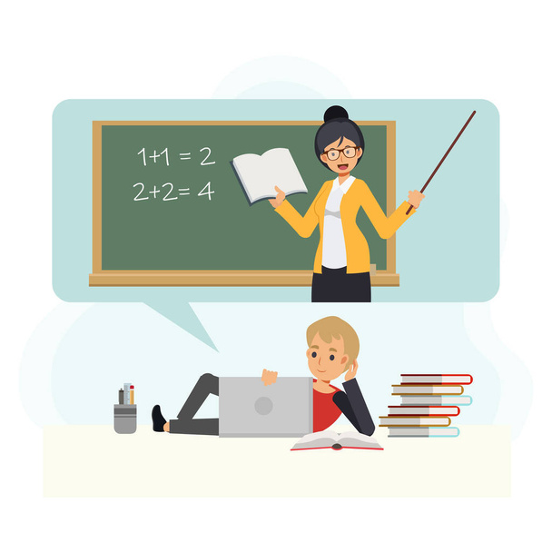 young little boy student is chilling in learning online at home.Female Teacher with book and pointing stick is teaching online,Online Education Concept ,Flat Vector cartoon character illustration. - Vector, Image