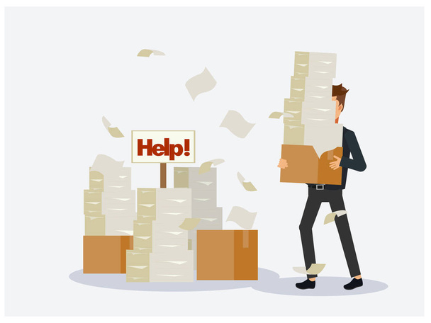 Busy businessman with stack of documents,Pile of paper, in cardboard box, help sign. Paperwork.  Stressed employee.Flat Vector cartoon character - Vector, Image