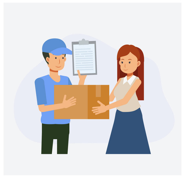 Delivery service concept, Deliveryman delivered the box to woman customer. Flat vector cartoon illustration - Vector, Image