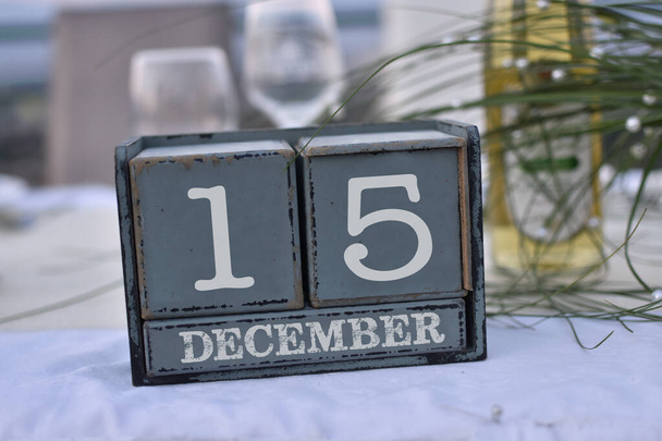 Wood blocks in box with date, day and month 15 December. Wooden blocks calendar - Photo, Image