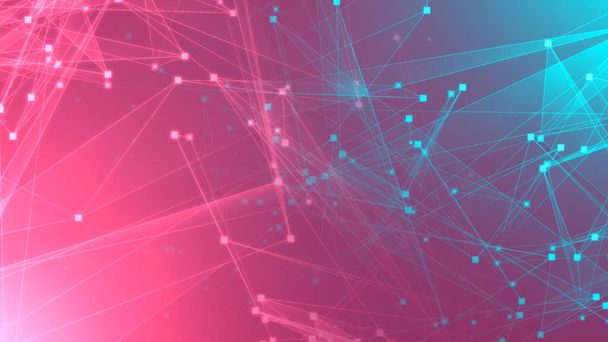 Red tecnológica de polígono verde rosa abstracto con fondo de tecnología de conexión. Puntos abstractos y líneas textura fondo. renderizado 3d. - Foto, imagen