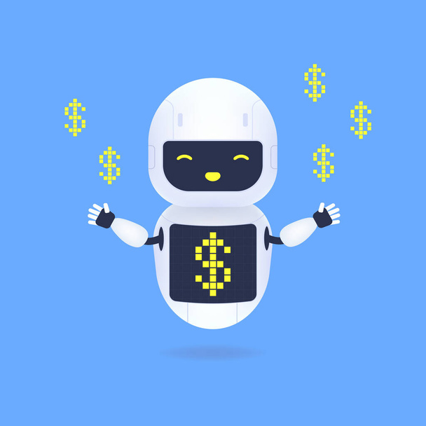 Robot blanco amigable con símbolo de signo de dólar en la pantalla. Asistencia virtual concepto de protección del dinero. - Vector, imagen
