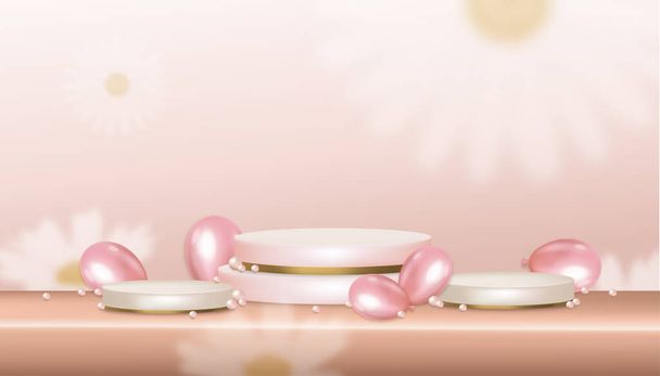 Vektor-3D-Vitrine mit Perle und Luftballons in rosa und gelbgold stehen, Luxus-Podium auf Pfirsichständer mit verschwommenem Gänseblümchen Hintergrund, Illustration Vitrine Attrappe für Kosmetik-oder Schönheitsprodukt - Vektor, Bild