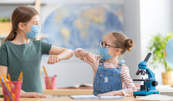 Back to school! Cute industrious children are sitting at  desks indoors. Kids are wearing facemasks learning in class. - Foto, Imagen