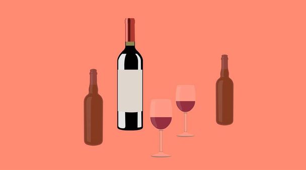 Víno a pivo. Vektor izolované Illustratioon láhve vína, ywo poháry vína a dvě láhve piva - Vektor, obrázek
