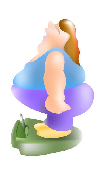 Illustration vectorielle, Funny Fat femme dessin animé sur l'échelle de poids  - Vecteur, image