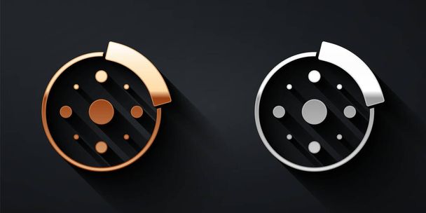 Gold and silver Bicycle brake disc icon isolated on black background. Long shadow style. Vector. - Vector, Image