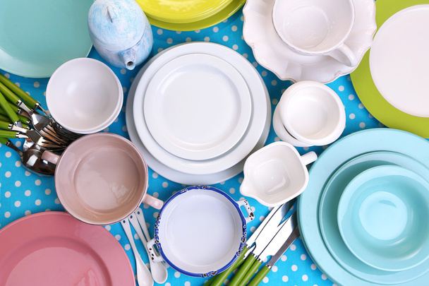 Different tableware on tablecloth - Foto, imagen