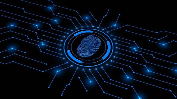 Logotipo de huella dactilar centrado en líneas de conexión de información sobre fondo negro - sistema de identificación de escaneo mediante autorización biométrica - concepto de seguridad cibernética o empresarial - Ilustración 3D - Foto, Imagen