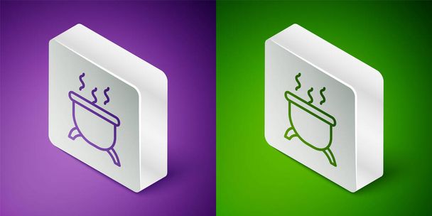 Isometric line Witch cauldron icon isolated on purple and green background. Happy Halloween party. Silver square button. Vector. - Vector, Image