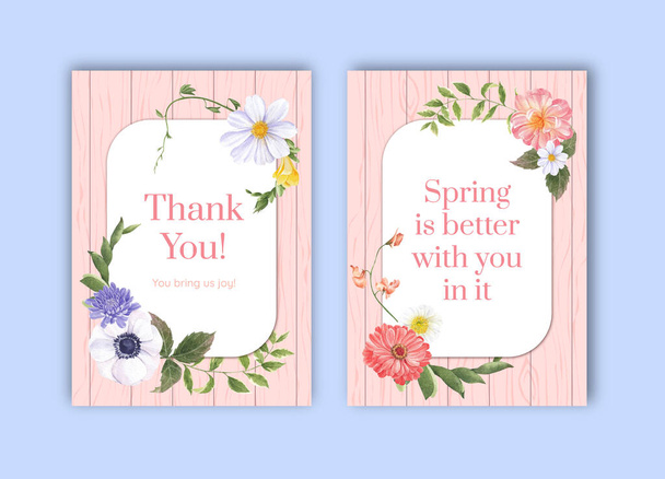 Thank you card template with spring bright concept design watercolor illustratio - Vector, Image