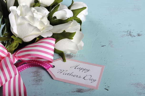 Happy Mothers Day white roses gift on vintage background - Photo, Image