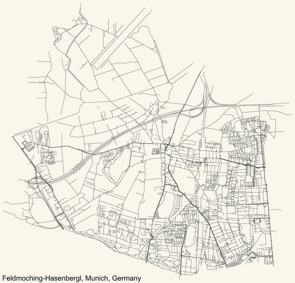 Preto simples mapa detalhado de estradas de rua no fundo bege do vintage do quarto Feldmoching-Hasenbergl borough (Stadtbezirk) de Munique, Alemanha - Vetor, Imagem