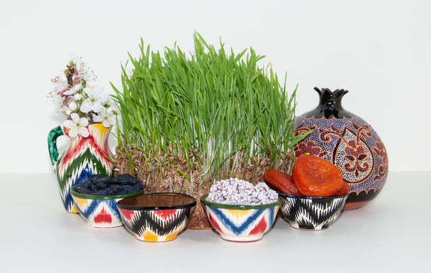 Navruzin loman onnellinen tausta. Juhla Nowruz makeisia ja erilaisia kuivattuja hedelmiä vihreällä ruoholla - Valokuva, kuva