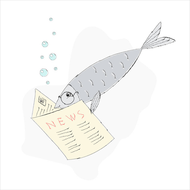 Ένα ψάρι με γυαλιά διαβάζει μια εφημερίδα αστεία σαρκαστική διανυσματική απεικόνιση - Διάνυσμα, εικόνα