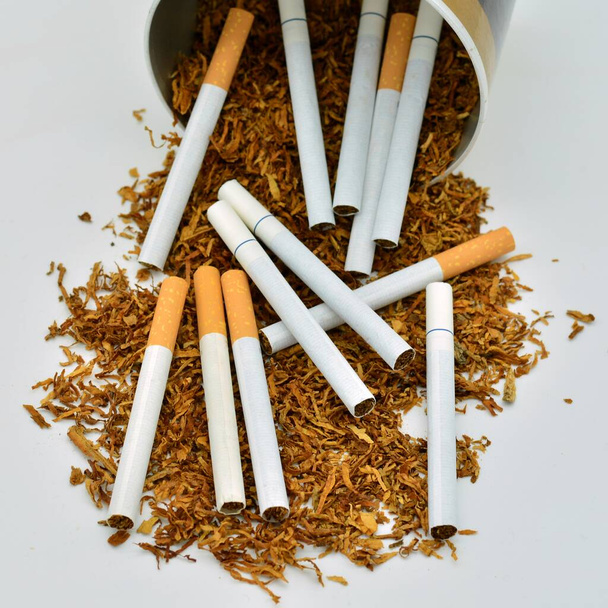 банку, полную табака и сигарет опрокинутых на белой поверхности - Фото, изображение
