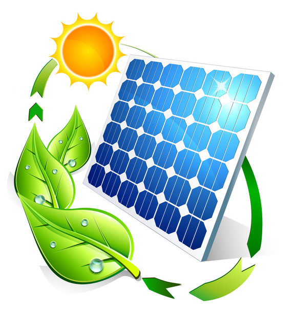 Photovoltaic concept - panel leaves and sun - Vector, Image