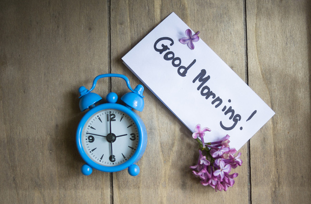Good morning note and old-styled clock  - Photo, Image
