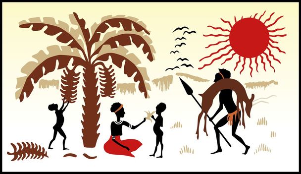 Afryka krajobraz tło. myśliwy Afrykańskiej rodziny i słońca - Wektor, obraz