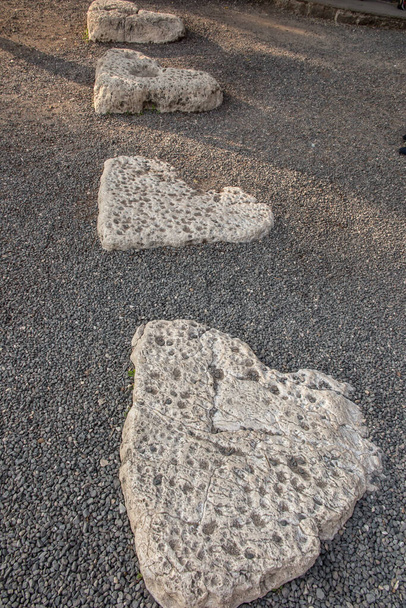 Sint Petrus Primaat Kerk waar is aan de oevers van de zee van Galilea, Israël, grote hartvormige stenen zichtbaar op de kust. - Foto, afbeelding