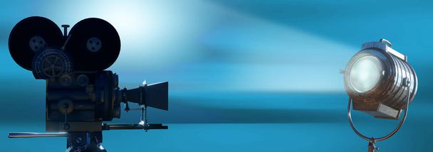 silhueta de câmera de vídeo no banner escuro com luz azul, filme ou fundo de televisão - Foto, Imagem